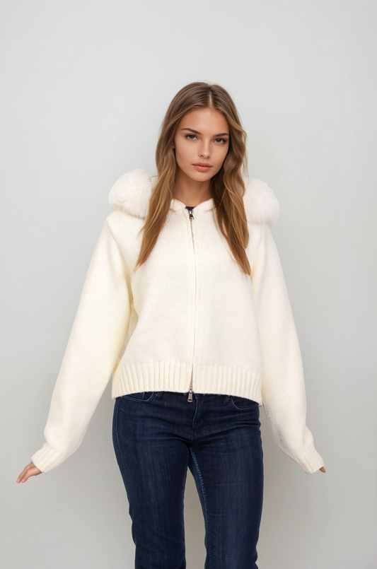 fur trim zip cardigan