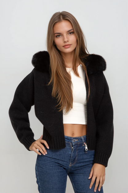 fur trim zip cardigan