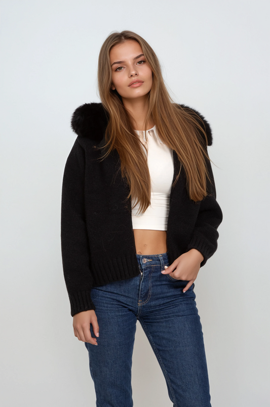 fur trim zip cardigan