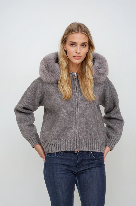 fur trim zip cardigan