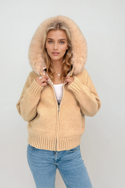fur trim zip cardigan