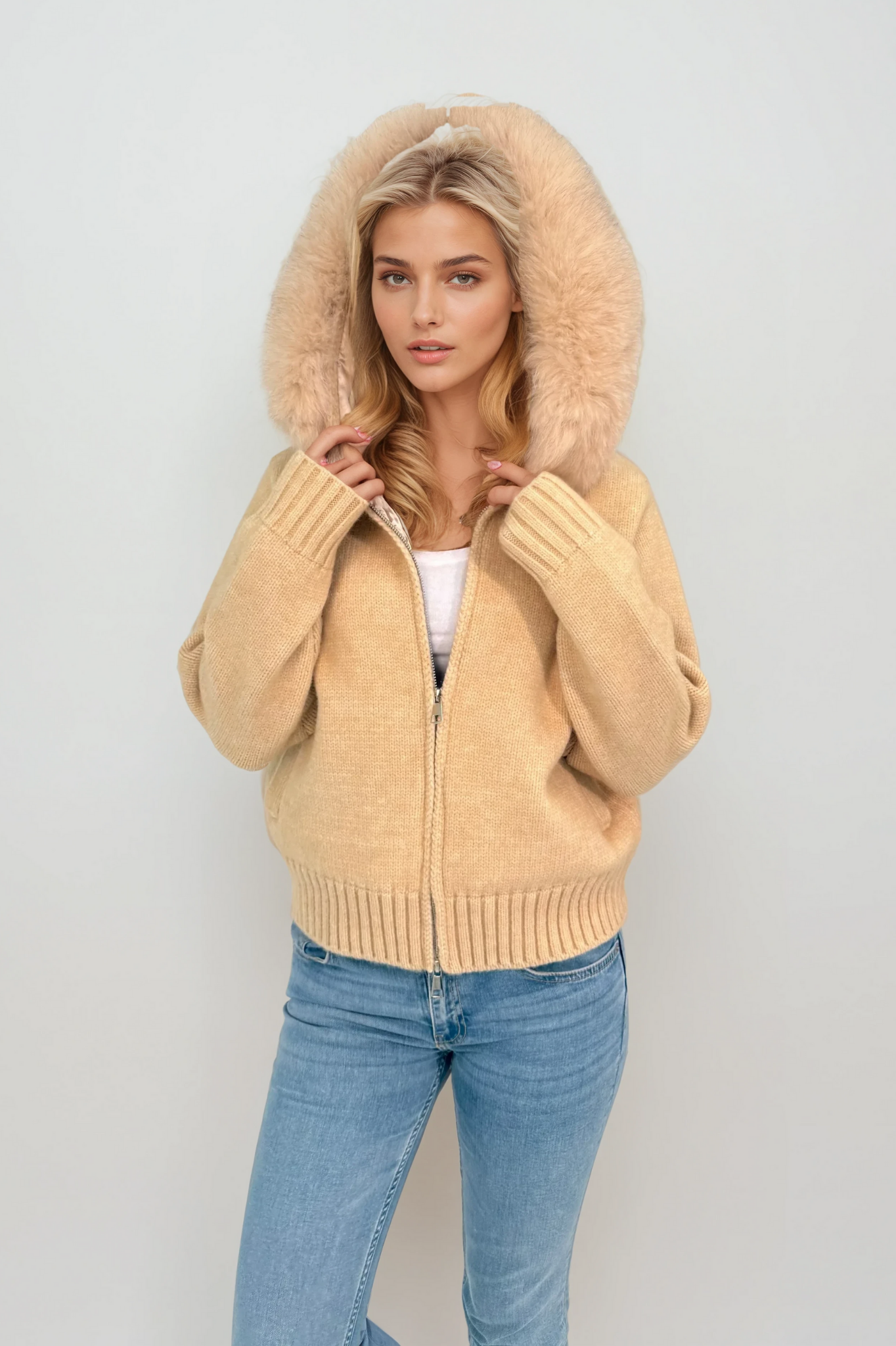 fur trim zip cardigan