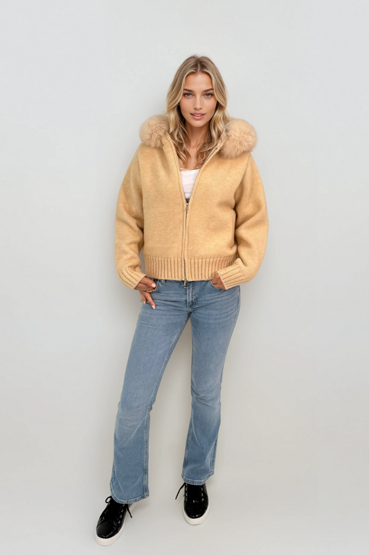fur trim zip cardigan